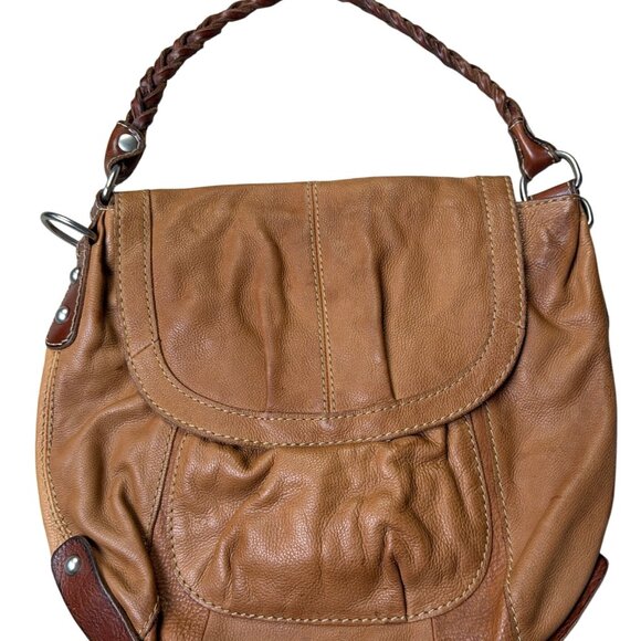 Fossil Brown Leather Boho Hobo Shoulder Bag With Braided Strap & Floral Interior - Picture 2 of 9